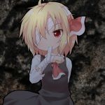  1girl ascot bandage_over_one_eye bandages blonde_hair dark mouth_hold natsu_no_koucha red_eyes rumia short_hair solo torn_clothes touhou 