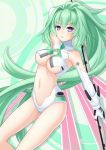  1girl breasts green_hair green_heart highres large_breasts long_hair looking_at_viewer neptune_(series) open_mouth polearm sakaki_jin&#039;ya solo spear symbol-shaped_pupils vert very_long_hair violet_eyes weapon wings 