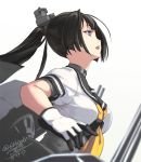  1girl akizuki_(kantai_collection) artist_name black_hair blue_eyes breasts dated gloves kantai_collection looking_at_viewer open_mouth rokuwata_tomoe simple_background solo teeth turret twitter_username white_background 