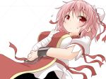  1girl arm_ribbon bandages breasts bun_cover cuffs double_bun hair_bun ibaraki_kasen large_breasts natsu_no_koucha pink_hair puffy_short_sleeves puffy_sleeves red_eyes ribbon sash shackles shirt short_sleeves skirt solo tabard touhou 