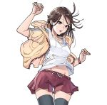  1girl black_legwear brown_eyes brown_hair earrings hooded_jacket jewelry looking_at_viewer nail_polish navel open_mouth original pao_(otomogohan) shorts simple_background solo teeth thigh-highs white_background yellow_nails 
