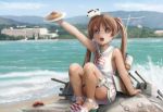  1girl :d absurdres arm_support arm_up beach brown_hair cannon crab fang highres looking_at_viewer novcel open_mouth original outdoors pasta plate red_eyes seashell shell shoes shore shoreline sitting sleeveless smile solo spaghetti thighs twintails water 