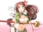  1girl amagi_(kantai_collection) blush breast_rest breasts brown_hair cleavage flower hibiscus kantai_collection large_breasts mole navel open_mouth ponytail skirt sogabe_toshinori solo staff translation_request yellow_eyes 