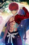  1boy emiya_shirou fate/grand_order fate/stay_night fate_(series) highres katana koyama_hirokazu muscle navel planted_sword planted_weapon redhead short_hair solo sword weapon 