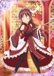  1girl alternate_costume black_legwear japanese_clothes long_hair looking_at_viewer mahou_shoujo_madoka_magica official_art polearm ponytail redhead sakura_kyouko spear stained_glass thigh-highs trading_card weapon 