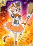  1girl bow broom bubble_skirt frills gloves halloween hat jack-o&#039;-lantern kaname_madoka mahou_shoujo_madoka_magica official_art pink_eyes pink_hair pumpkin ribbon skirt smile solo trading_card twintails witch witch_hat 