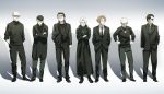  6+boys absurdres akiyama_katsuhiko bald black-framed_glasses black_clothes black_hair blonde_hair boots clown0248 coat crossed_arms facial_hair formal ghost_in_the_shell ghost_in_the_shell_lineup glasses gloves gradient gradient_background grey_background grey_eyes hand_in_pocket hands_in_pockets hands_on_hips highres hirasawa_susumu jacket konishi_kenji looking_at_viewer looking_away looking_down looking_to_the_side male_focus medallion multiple_boys nakano_teruo necktie overcoat p-model pants parody pevo pevo_1go popped_collar raised_eyebrow real_life shoes sketch sneer stubble suit sunglasses tainaka_sadatoshi tanaka_yasumi turtleneck undercut white_background white_hair wrinkles 