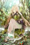  1girl akiru_(igel-flutter) barefoot blonde_hair circlet closed_eyes crossed_legs feet forest hair_ornament head_on_hand long_hair long_skirt nature qurare_magic_library sitting skirt traditional_clothes very_long_hair 
