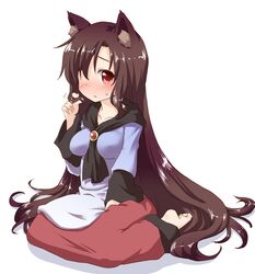  1girl animal_ears barefoot blush brown_hair hair_over_one_eye imaizumi_kagerou long_hair looking_at_viewer natsu_no_koucha red_eyes simple_background sitting touhou very_long_hair wariza white_background wolf_ears 