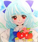  1girl apple blue_background blue_dress blue_hair blush bow cirno collared_shirt dress eyebrows eyebrows_visible_through_hair food fruit hair_bow heart ice ice_wings looking_at_viewer matsuppoi pink_lips red_eyes shikishi shirt short_hair smile solo touhou upper_body white_background wings 