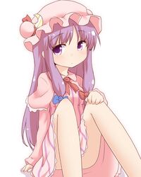  1girl bow dress expressionless hair_bow hat mob_cap natsu_no_koucha patchouli_knowledge purple_hair short_hair simple_background sitting striped striped_dress touhou violet_eyes white_background 