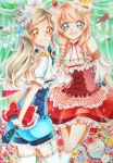  2girls ass blonde_hair blue_eyes bow braid brown_eyes corset crown curtains detached_sleeves flower gem gloves kneehighs marker_(medium) multiple_girls open_mouth original puffy_sleeves rie_(moyktti) rose smile sparkle thigh-highs traditional_media twin_braids 