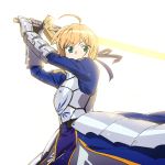  1girl ahoge aqua_eyes armor blonde_hair excalibur fate/stay_night fate_(series) gauntlets holding holding_sword holding_weapon ikesin looking_at_viewer saber simple_background solo sword weapon white_background 