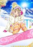  1girl alternate_costume alternate_hairstyle coat gloves goggles goggles_on_head hair_down hat kaname_madoka mahou_shoujo_madoka_magica official_art pink_eyes pink_hair pom_pom_(clothes) sitting ski_goggles smile snow snowboard solo trading_card winter_clothes 