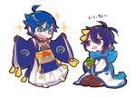  +_+ 2boys ahoge blue_eyes blue_hair chibi cosplay costume_switch crossover japanese_clothes kaito male_focus mikazuki_munechika multiple_boys open_mouth scarf seiza sitting smile sparkle touken_ranbu verus vocaloid yunomi 