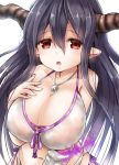  1girl bikini black_hair breasts danua granblue_fantasy highres horn_ornament horns jewelry large_breasts long_hair open_mouth pointy_ears red_eyes solo swimsuit u_rin 