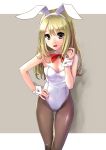  1girl animal_ears bare_shoulders blonde_hair blush bowtie breasts brown_eyes bunnysuit cleavage detached_collar hand_on_hip katahira_masashi long_hair looking_at_viewer open_mouth original pantyhose rabbit_ears smile solo wrist_cuffs 