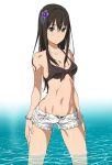  1girl bikini bikini_top black_hair bracelet flower front-tie_top green_eyes hair_flower hair_ornament idolmaster idolmaster_cinderella_girls jewelry light_smile long_hair looking_at_viewer midriff navel open_fly shibuya_rin shiny shiny_skin short_shorts shorts solo suna swimsuit unbuttoned unzipped wading water wet wet_hair 