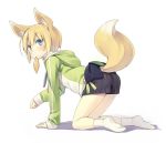  1girl aburaage all_fours animal_ears blonde_hair blue_eyes food fox_ears hoodie looking_at_viewer mouth_hold no_shoes original poco_(asahi_age) shiratama_kitsune short_hair simple_background skirt socks solo tail white_background 