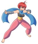  1girl baggy_pants barefoot blush fighting_stance original pants paul_gq pokemon redhead scarf short_hair wrist_wraps 