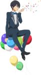  1boy balloon black_hair blowing blue_eyes bowtie confetti dress_shirt free! hand_up male_focus nanase_haruka_(free!) official_art pants shirt shoes short_hair sitting solo transparent_background tuxedo 