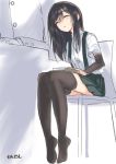  1boy 1girl admiral_(kantai_collection) arm_warmers artist_name asashio_(kantai_collection) barefoot black_hair black_legwear book chair check_commentary commentary_request faceless faceless_male hair_between_eyes head_out_of_frame kantai_collection long_hair open_mouth out_of_frame pleated_skirt school_uniform sensen sitting skirt sleeping suspenders thigh-highs white_background 