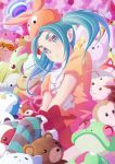  1girl aqua_hair budda eyebrows green_eyes hat highres long_hair monogatari_(series) nisemonogatari ononoki_yotsugi pantyhose pointy_ears solo striped striped_legwear stuffed_animal stuffed_frog stuffed_monkey stuffed_penguin stuffed_toy teddy_bear twintails 