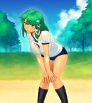  1girl alternate_costume aura blue_sky bra breasts building buruma clouds frog_hair_ornament grass green_eyes green_hair ground hair_ornament hair_tubes hands_on_own_knees hips kneehighs kochiya_sanae large_breasts leaning_forward lips long_hair looking_at_viewer nose see-through sky snake_hair_ornament solo sweat thighs tonoa touhou tree underwear wet wet_clothes 