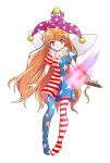  1girl american_flag_dress american_flag_legwear blonde_hair clownpiece dairi dress fairy_wings full_body hat highres jester_cap long_hair looking_at_viewer print_dress print_legwear red_eyes short_dress short_sleeves simple_background smile solo standing torch touhou white_background wings 