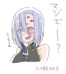  1girl :d arachne blush claws detached_sleeves extra_eyes insect_girl lavender_hair monster_girl monster_musume_no_iru_nichijou niiragi open_mouth portrait rachnera_arachnera red_eyes sharp_teeth simple_background sketch smile solo spider_girl translation_request white_background 