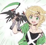  1girl akatsuki_kirika blonde_hair emphasis_lines green_eyes gundam gundam_deathscythe gundam_wing hair_between_eyes hair_ornament hoodie jewelry murakami_hisashi necklace off_shoulder pun scythe senki_zesshou_symphogear short_hair short_sleeves solo toy 