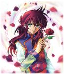  1boy blurry flower green_eyes highres holding holding_flower japanese_clothes kurama long_hair male_focus petals redhead rose solo tsukasaki_haruko upper_body yuu_yuu_hakusho 