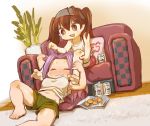  2girls alcohol barefoot beer biscuit blush breasts brown_eyes brown_hair casual chaki_(teasets) closed_eyes commentary_request cushion holding jun&#039;you_(kantai_collection) kantai_collection long_hair multiple_girls open_mouth plant purple_hair ryuujou_(kantai_collection) shorts sitting sleeveless smile twintails 