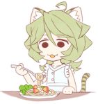  1girl :3 ahoge animal_ears blonde_hair brown_hair commentary_request elfnein food fork long_hair murakami_hisashi noodles salad senki_zesshou_symphogear solid_circle_eyes solo tail tiger_ears tiger_tail 