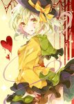  1girl ass blood blood_on_face bloody_clothes blush frills green_eyes green_hair grin hat hat_ribbon heart heart-shaped_pupils highres komeiji_koishi long_sleeves looking_at_viewer ribbon shirt short_hair skirt smile solo string sweetroad symbol-shaped_pupils touhou wide_sleeves 