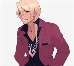  1boy aqua_eyes blonde_hair earrings garyuu_kyouya gojya grin gyakuten_saiban gyakuten_saiban_4 hands_in_pockets jacket jewelry male_focus necklace smile solo upper_body white_background 