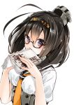  1girl 218 akizuki_(kantai_collection) bespectacled black_hair book female glasses headband kantai_collection long_hair ponytail school_uniform serafuku solo 