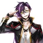  1boy akashi_kuniyuki fingerless_gloves glasses gloves hair_ornament hairclip male_focus multicolored_eyes open_mouth pointing purple_hair smile solo touken_ranbu upper_body verus 