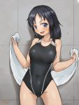  1girl artist_name blue_eyes blue_hair blush cowboy_shot freckles girls_und_panzer holding long_hair open_mouth school_swimsuit signature sketch smile solo solokov_(okb-999) standing swimsuit towel wall yamagou_ayumi 