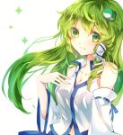  1girl blush breasts cleavage detached_sleeves frog_hair_ornament green_eyes green_hair grin hair_ornament hair_tubes japanese_clothes kochiya_sanae long_hair long_sleeves looking_at_viewer miko navel shirt simple_background smile snake_hair_ornament solo sweetroad touhou upper_body white_background wide_sleeves 