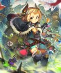  1girl armor backpack bag belt black_gloves blonde_hair blush boots cloak fingerless_gloves flask fur_trim gloves hair_ornament horns looking_at_viewer original plant potted_plant pouch satchel shingeki_no_bahamut short_eyebrows short_hair short_twintails solo_focus staff test_tube thigh-highs thigh_boots twintails yellow_eyes yui_(niikyouzou) 