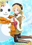  1girl alternate_hairstyle beret blonde_hair boots bow drill_hair hair_down hat kneeling looking_at_viewer mahou_shoujo_madoka_magica official_art poncho scarf skirt snow snowman solo tomoe_mami trading_card twin_drills winter winter_clothes 