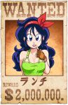  1girl blue_hair breasts character_name cleavage dragon_ball finger_to_face fingerless_gloves gloves hairband lunch_(dragon_ball) mike_luckas poster solo violet_eyes wanted 