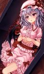  1girl absurdres bat_wings blush coffin dress flower hat hat_ribbon highres in_container kitou_kaitai lavender_hair lying mob_cap on_back open_mouth pink_dress puffy_short_sleeves puffy_sleeves red_eyes red_rose remilia_scarlet ribbon rose sash short_sleeves solo touhou wings 