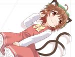  1girl :3 animal_ears brown_eyes brown_hair cat_ears cat_tail chen dress frilled_dress frills hat multiple_tails natsu_no_koucha shirt short_hair smile tail touhou two_tails 