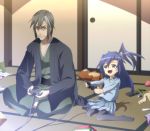  1boy 1girl :d blue_eyes child controller eraser game_controller glasses grey_hair hair_between_eyes highres indian_style kazanari_tsubasa kazanari_yatsuhiro long_hair mototenn multicolored_hair open_mouth pantyhose pencil senki_zesshou_symphogear side_ponytail sitting smile stuffed_animal stuffed_toy teddy_bear two-tone_hair 