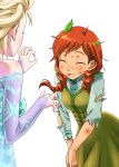  2girls anna_(frozen) blonde_hair closed_eyes elsa_(frozen) frozen_(disney) fujimaru_(kinakomucch) hands_together leaf multiple_girls orange_hair scratch shirt siblings simple_background sisters tongue tongue_out torn_clothes torn_shirt worried 