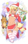 1girl ;d bikini_tan blonde_hair boots box breasts chiericyan gift gift_box green_eyes hat highres long_hair looking_at_viewer merry_christmas navel one_eye_closed open_mouth original santa_boots santa_hat side_ponytail smile solo star striped striped_legwear tan tanline thigh-highs under_boob 