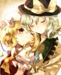  2girls ascot blonde_hair blush closed_eyes crystal flandre_scarlet gradient gradient_background green_hair hat hat_ribbon highres komeiji_koishi long_sleeves looking_at_another looking_up mob_cap multiple_girls one_eye_closed parted_lips puffy_sleeves ribbon shirt short_hair short_sleeves side_ponytail sweetroad touhou upper_body vest wide_sleeves wings 