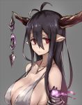  1girl antenna_hair bandaged_arm bandages bangs bare_shoulders breasts cleavage collarbone crescent danua dress eyes_visible_through_hair granblue_fantasy grey_background hair_between_eyes horn_ornament horns jewelry large_breasts long_hair looking_away looking_to_the_side necklace pointy_ears purple_hair red_eyes sideboob solo strap_gap upper_body white_dress 